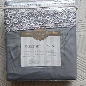 Grey And Lace Trim Twin Sheet Set NIB